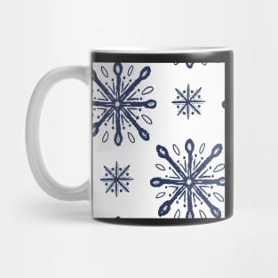 Pattern of blue snow crystals on white Mug